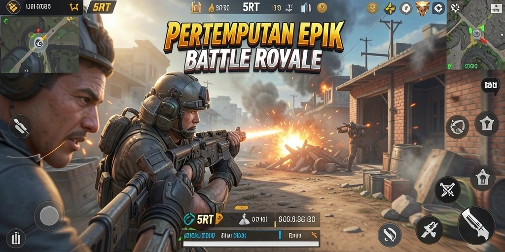 Gameplay pertarungan intens dalam 5RT menunjukkan aksi Battle Royale yang seru.